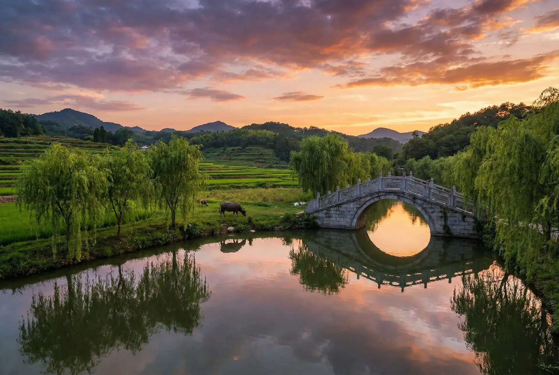 夕阳下的石拱桥与垂柳，水牛在河边吃草 - 美腕否认李佳琦双11首日预售215亿 乡村美景